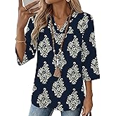 Rapbin Womens 3/4 Sleeve V Neck Floral Print Pleated Blouses for Women Dressy Casual Loose Fit Tops