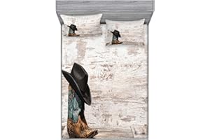 Ambesonne Western Fitted Sheet & Pillow Sham Set, Traditional Rodeo Cowboy Hat and Cowgirl Boots Retro Grunge Background Art Photo, Decorative Printed 3 Piece Bedding Decor Set, Queen, Black Brown