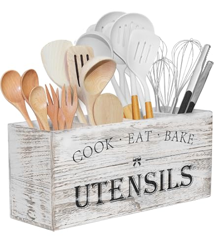 Karisky Porte-Ustensiles En Bois Massif - Panier 2 Compartiments Pour Cuisine - Style Rustique
