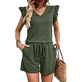 Women’s Lounge Sets Cute V Neck Ruffle Sleeve Shirts Two Piece Shorts Outfits Set with Pockets M687