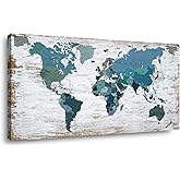 Teal Decor World Map Canvas Wall Art Pictures for Living Room Decoration Blue Wall Decor Office World Map Art Map of the world Picture Framed Artwork for Home Bedroom Decoration 20"x40"
