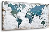 Teal Decor World Map Canvas Wall Art Pictures for