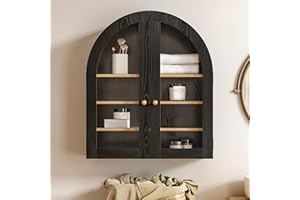 EYYTHUNG Arched Wall Cabinet, Modern Medicine Cabinet Wall Mounted Cupboard, Farmhouse Bathroom Storage Cabinet with Glass Door & Adjustable Shelf, Wooden Organizer for Kitchen (Black-Oak)
