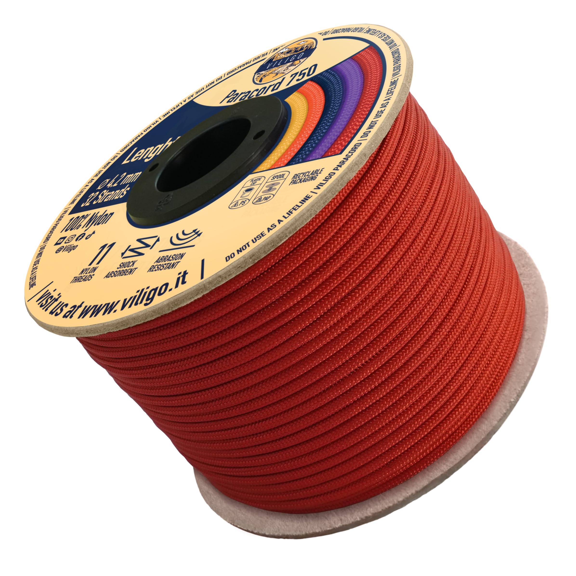 VILIGO Paracord 750 - Type IV (4.2 mm) - Nylon Braid, 11 Internal Strands, Ideal for Camping and Outdoor Activities, Multi-Purpose Rope (30 m, Ruby)