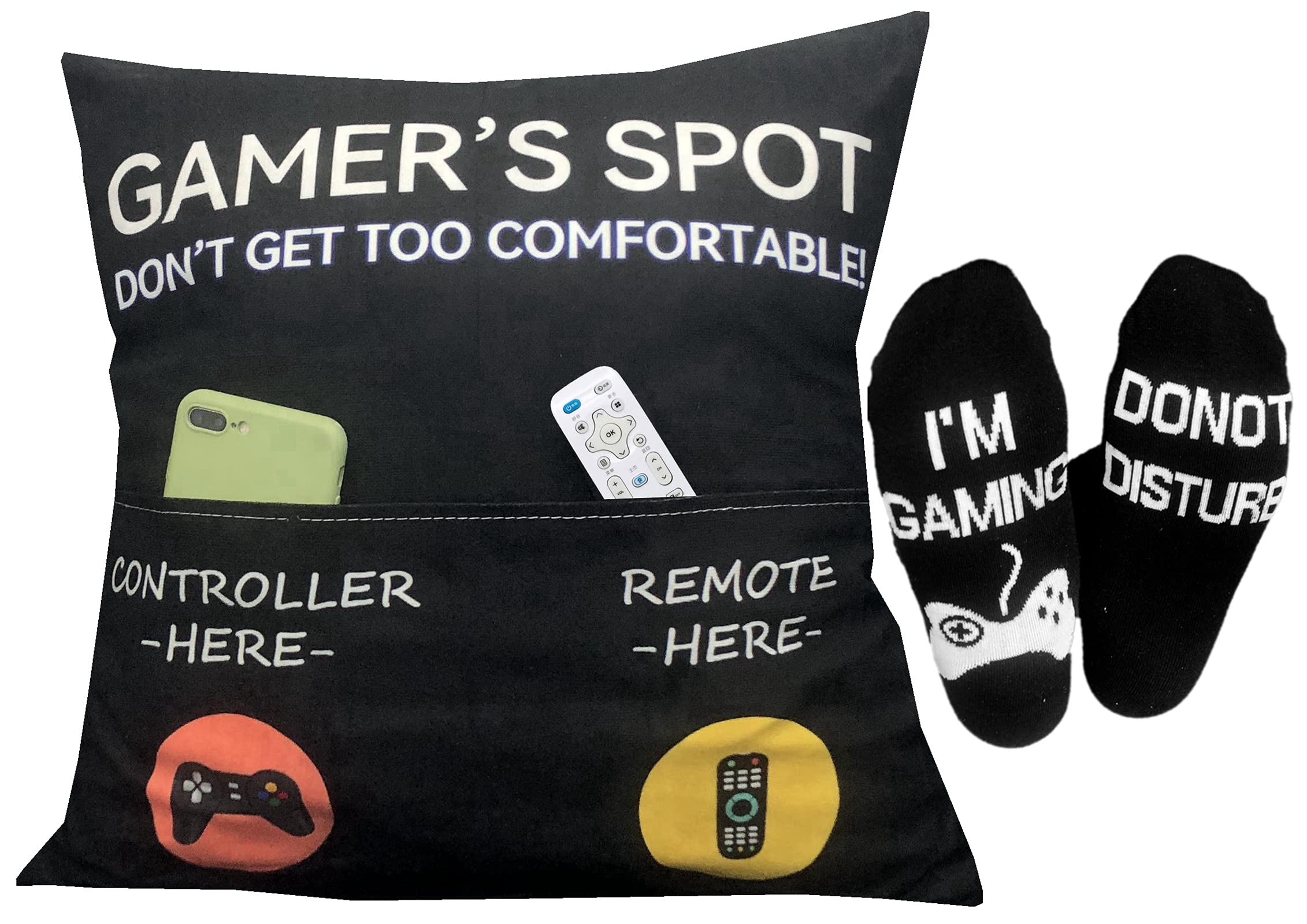 Gaming Room Décor, Pocket Design Gamer’s Spot 18X18Inch Throw Pillow Covers 18 x 18 Inch + Gamer Socks, Stocking Stuffers Gaming Gifts Easter Basket Stuffers for Teen Boys Girls Men Father Boyfriends
