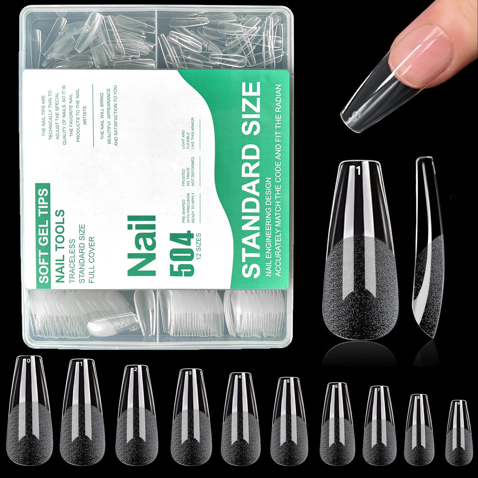 Nail Tips Long Coffin,504PCS Soft Gel Full Cover Nail Tips Kit for Nails Extensions,Clear Strong Fake Press on Nails Tips for Manicure Salons Nail Art (504 Long Coffin)