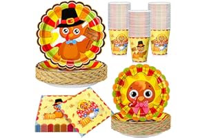 Domensi 100 Pcs Thanksgiving Paper Plates Napkins Cups Party Supplies, 7&9 Inch Cute Turkey Paper Plates and Napkins, Disposable Turkey Cups for Fall Harvest Thanksgiving Birthday Party Decoration