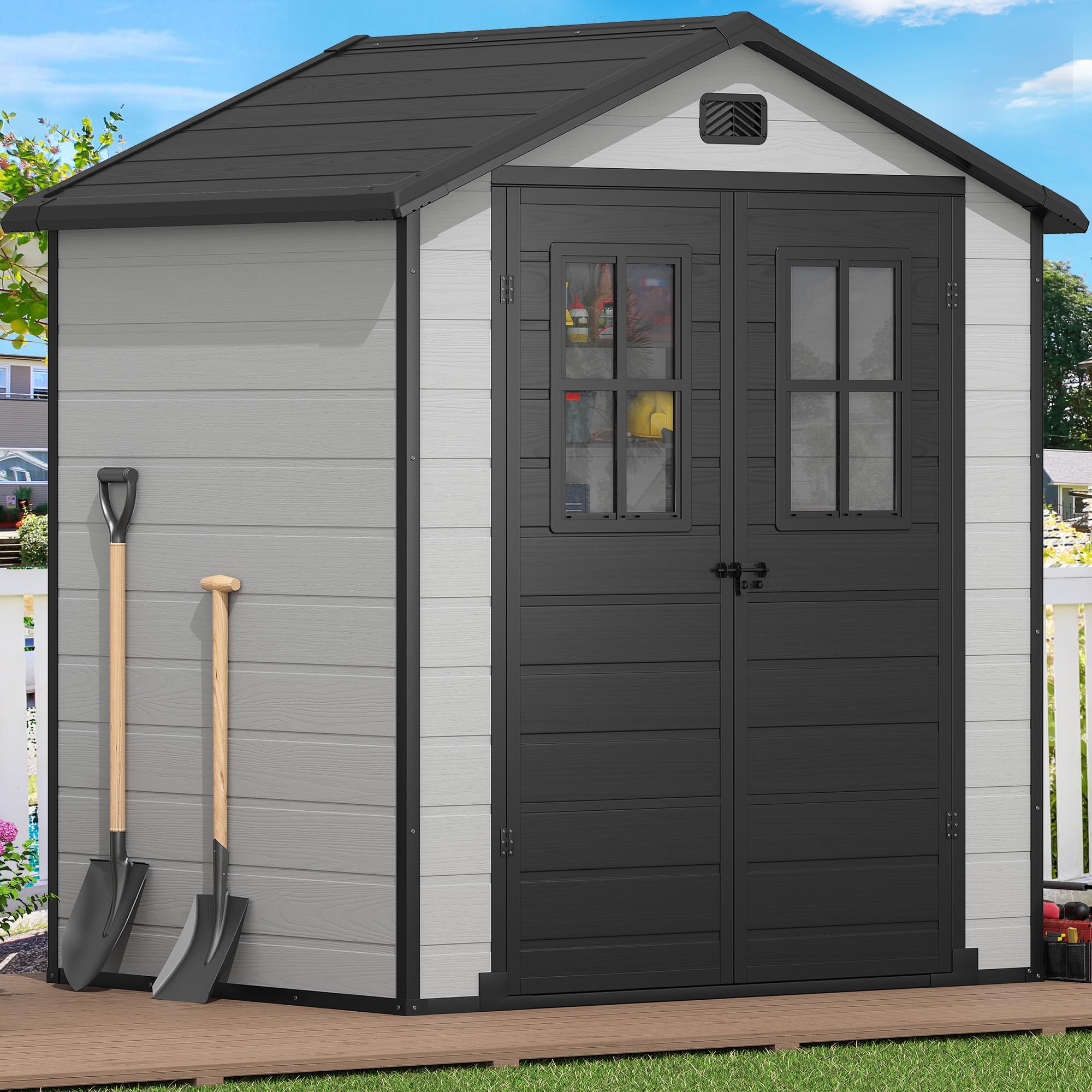 Photo 1 of ***MISSING PIECES -SELLING AS INCOMPLETE PARTS ONLY*** ---DWVO 6x4.4 FT Outdoor Storage Shed, Plastic Garden Tool Shed with 2 Windows, Double-Wall Outside Shed for Lawn Mower, Garden Tool for Backyard, Patio, Lawn