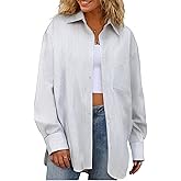 Damipow Striped Button Down Shirt Women Dress Shirts Long Sleeve Cotton Oversized Shirts for Women Work Blouses