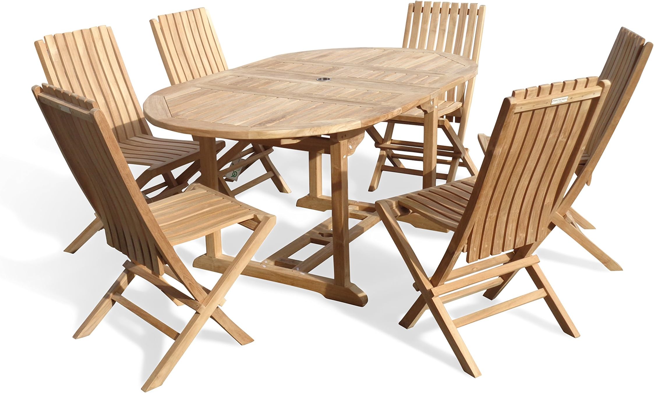 Windsor's Premium Grade A Teak Buckingham 66" x 39" Oval Double Leaf Extension Table w/ 6 Java Folding Chairs W Lumbar Support, 5 Yr Wrty,World's Best Outdoor Furniture! Teak Lasts A Lifetime!