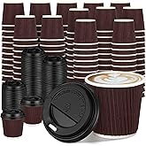 Uiifan 100 Set 4oz Disposable Espresso Cups with Lids Ripple Corrugated Paper Disposable Coffee Insulated Hot Ripple Cups for hot Chocolate, Tea, and Cocoa Drinks (Coffee Color)