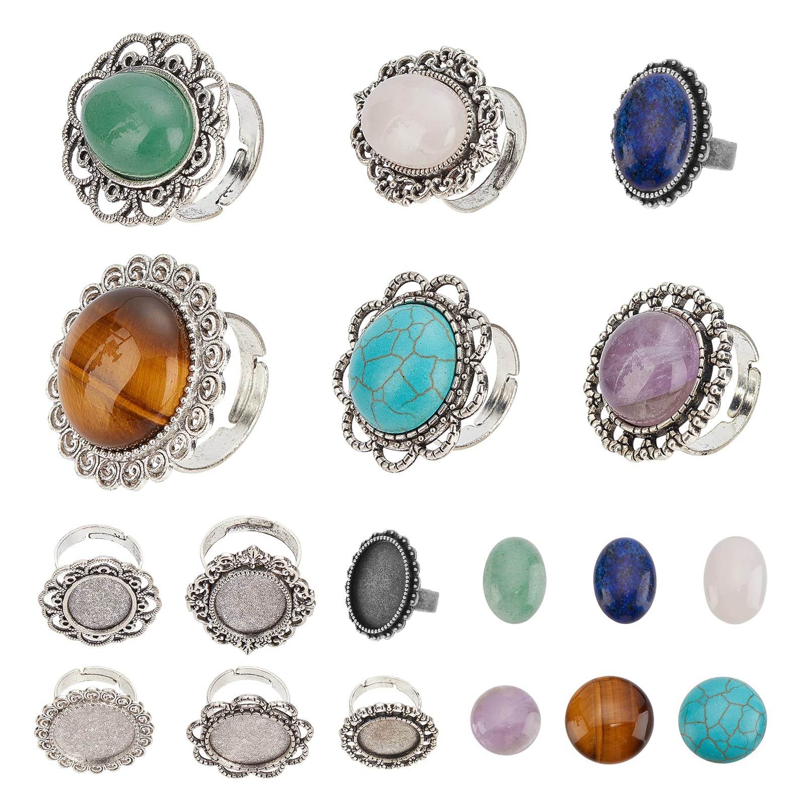 SUNNYCLUE 6Pcs 6 Styles Adjustable Blank Flower Cabochon Ring Connector Cabochon Bezel Settings with 6pcs Round Oval 18mm/28mm Gemstone for DIY Ring Making — image 1
