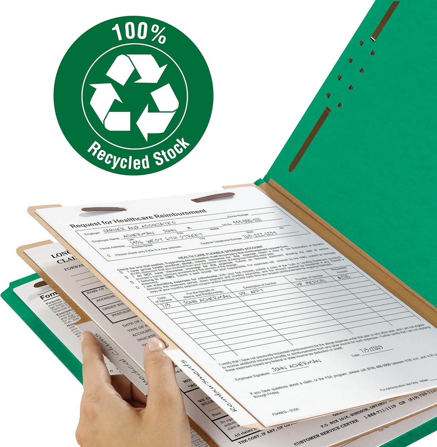 Smead 100% Recycled Pressboard Classification File Folder, 2 Dividers, 2" Expansion, Letter Size, Green, 10 per Box (14063) : Office Products