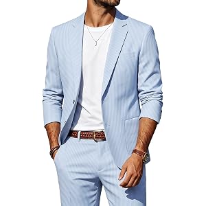 Tinspek Men's 2 Piece Suit Set Summer Casual Striped Suit Jacket and Pants | lightweight, stretch, wrinkle resistant,notch la