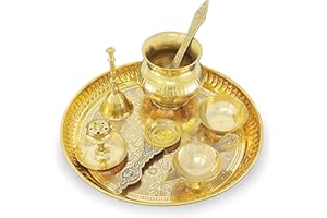 BENGALEN Brass Pooja Thali Set 8 Inch Puja Thali with Pital Plate Kalash Palli Chandan Wati Agarbatti Stand Kappur Arti Diya for Diwali Home Office Mandir Wedding Return Gift Items