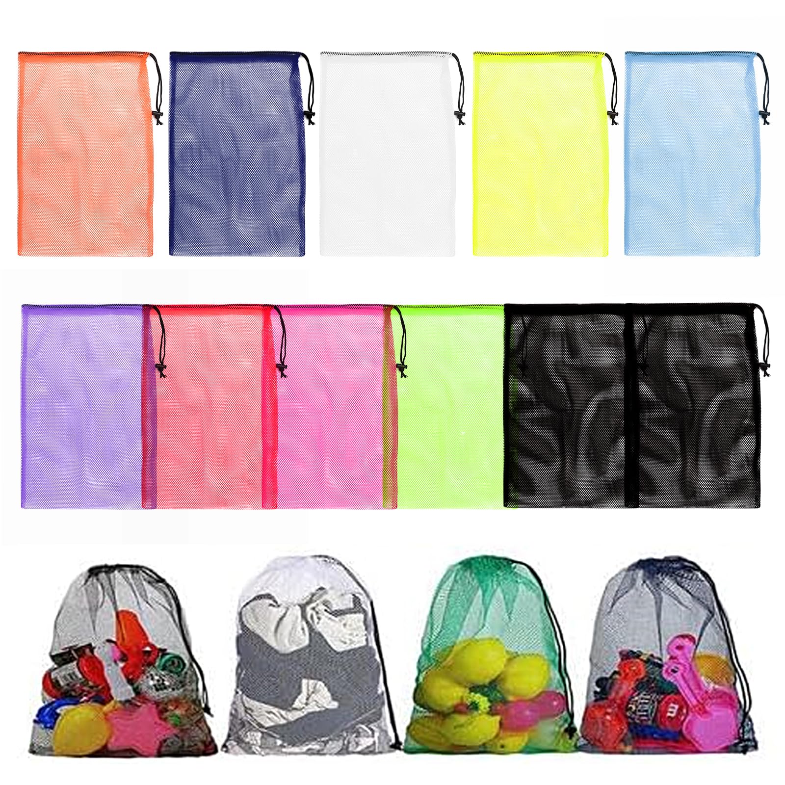 NICKLIN Mesh Bags,11Pcs Mesh Drawstring Bags,Nylon Storage Bag with Drawstring,Colorful Net Beach Tote Laundry Bag for Camping,Travel,Sport,Swimming,Training