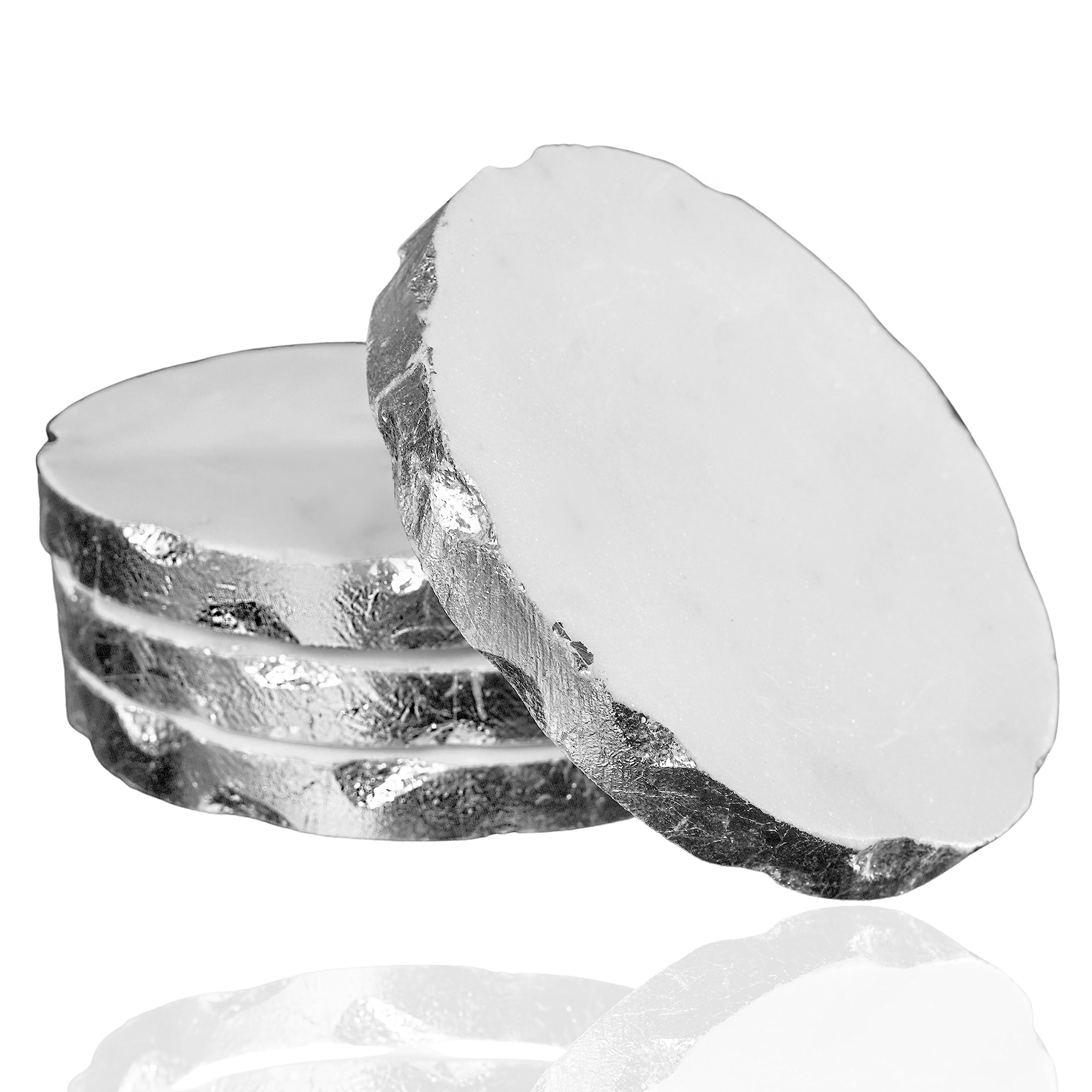 NIKITA White Marble Coaster Set of 4 - Rose Gold, Silver or Gold Coasters with Metallic Leaf Edge - Neutral Round Drink Coasters - Marble Coaster Japan Deco for Living Room or Kitchen (Silver)