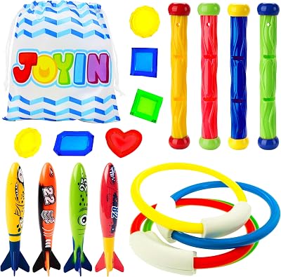JOYIN 18Pcs Diving Pool Toys Set with Storage Bag for Ages 8-12