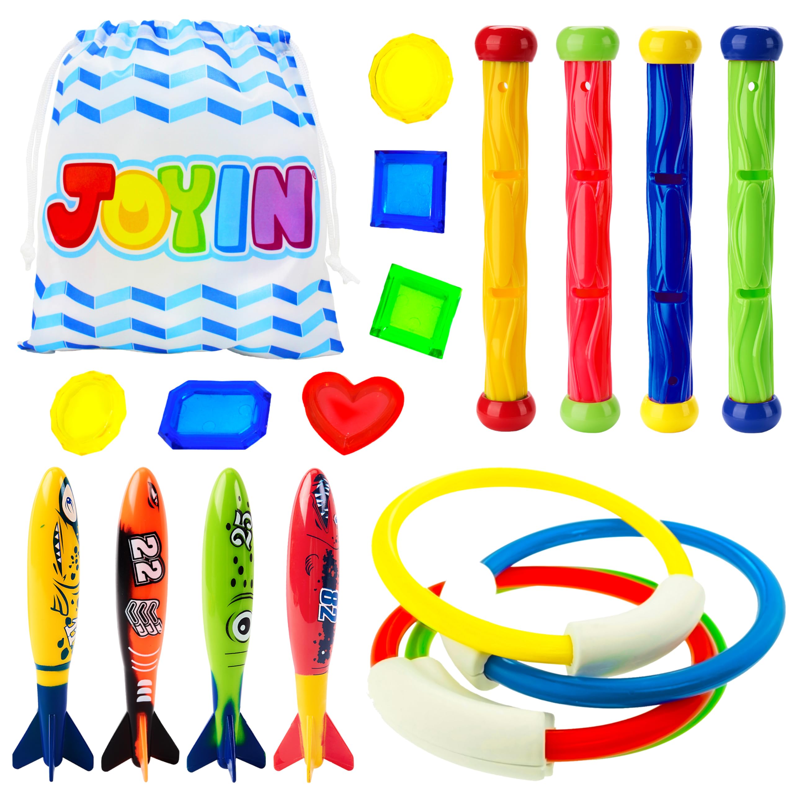 JOYIN 18Pcs Diving Pool Toys for Kids, Swimming Pool Toy with Storage Bag Includes 4 Rings, 4 Diving Sticks, 4 Bandits, 6 Treasures for Ages 8-12