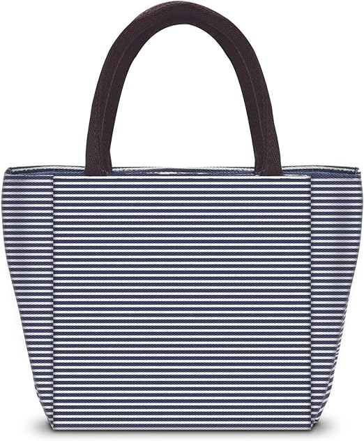 blue and white striped lunch bag