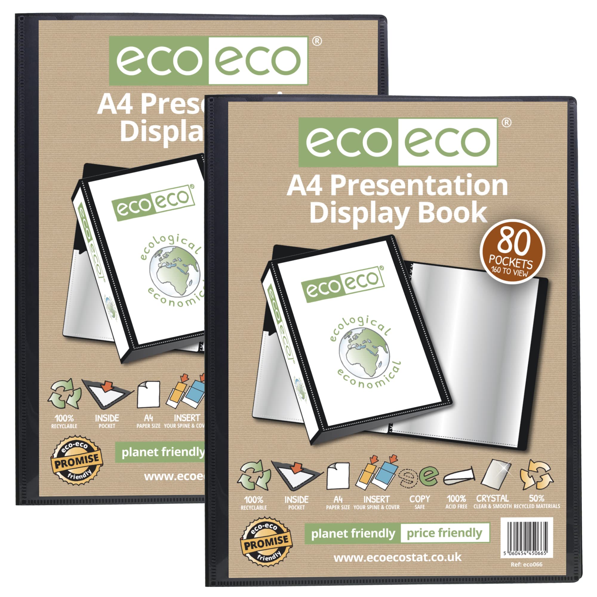 eco-eco A4 Size 50% Recycled 80 Pocket Black Presentation Display Book, Storage Case Portfolio Art Folder with Plastic Sleeves, (Pack of 2), eco066x2