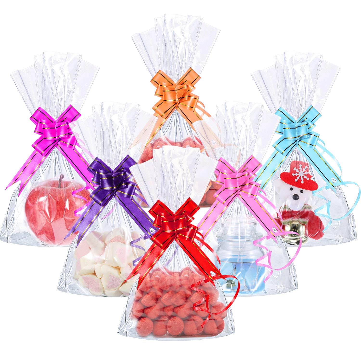 Hestya 50 Pack 6 x 10 Inch Cellophane Bags with 60 Colorful Pull Bows, Sweet Cookie Bags Flat Bottom Clear Bag for Christmas Gifts Packaging