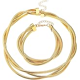YBMYCM Chunky Gold-plated Silver Jewelry Set Multi Strands Stainless Steel Choker Necklace Bracelet Set for Women