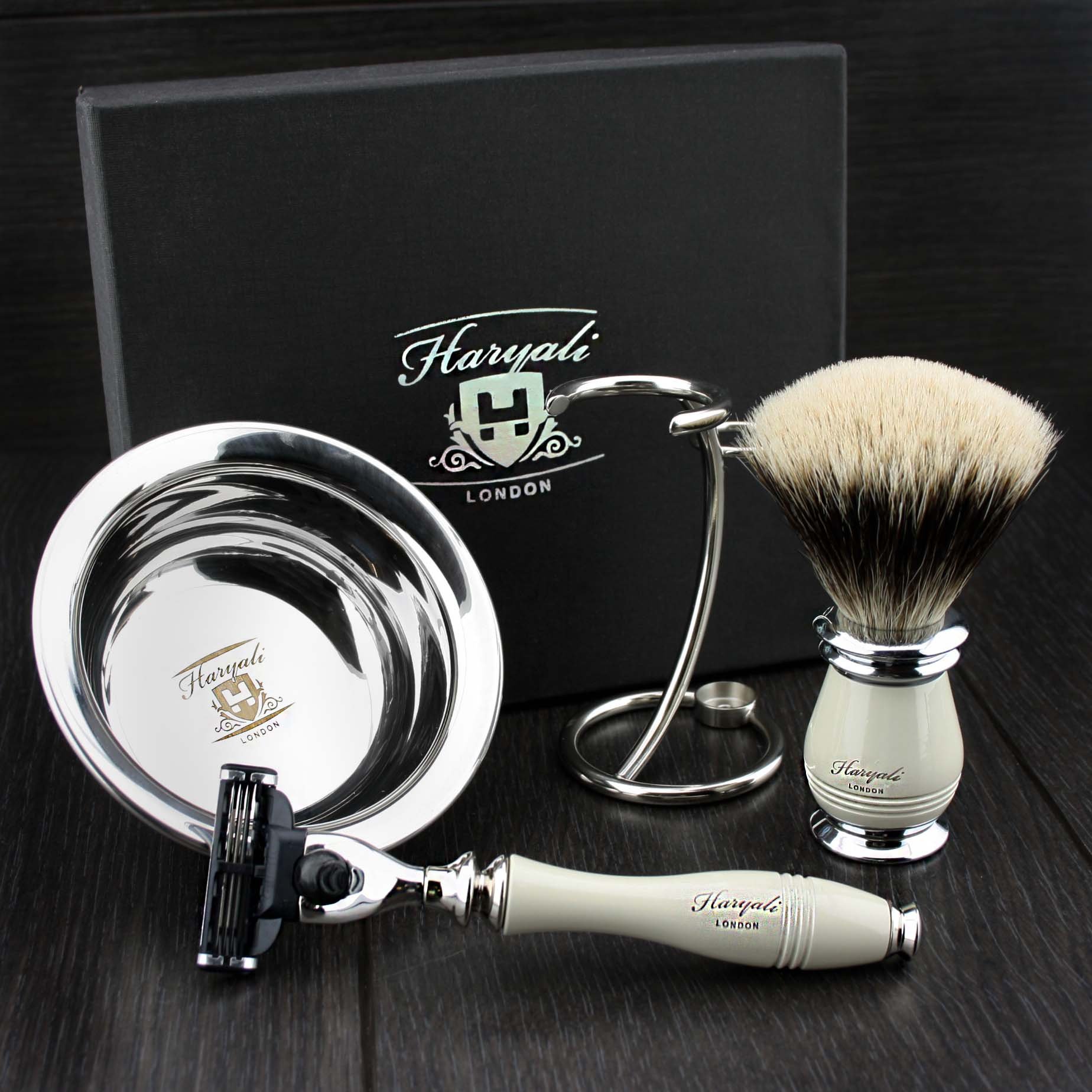 Shavig Set Men 4 Pieces, Badger Hair Silver Tip Brush, 3 Blade Cartridge Razor, Stainless Steel Stand & soap Bowl