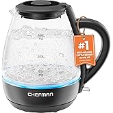 Chefman 1L Electric Tea Kettle with LED Lights, Automatic Shut Off, Removable Lid, Boil-Dry Protection, Hot Water Electric Ke