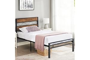 VECELO Twin Metal Platform Bed Frame with Rustic Vintage Wooden Headboard, Heavy Duty Metal Slats Support, Platform Mattress Base No Box Spring Needed, No Noise, Easy Assembly