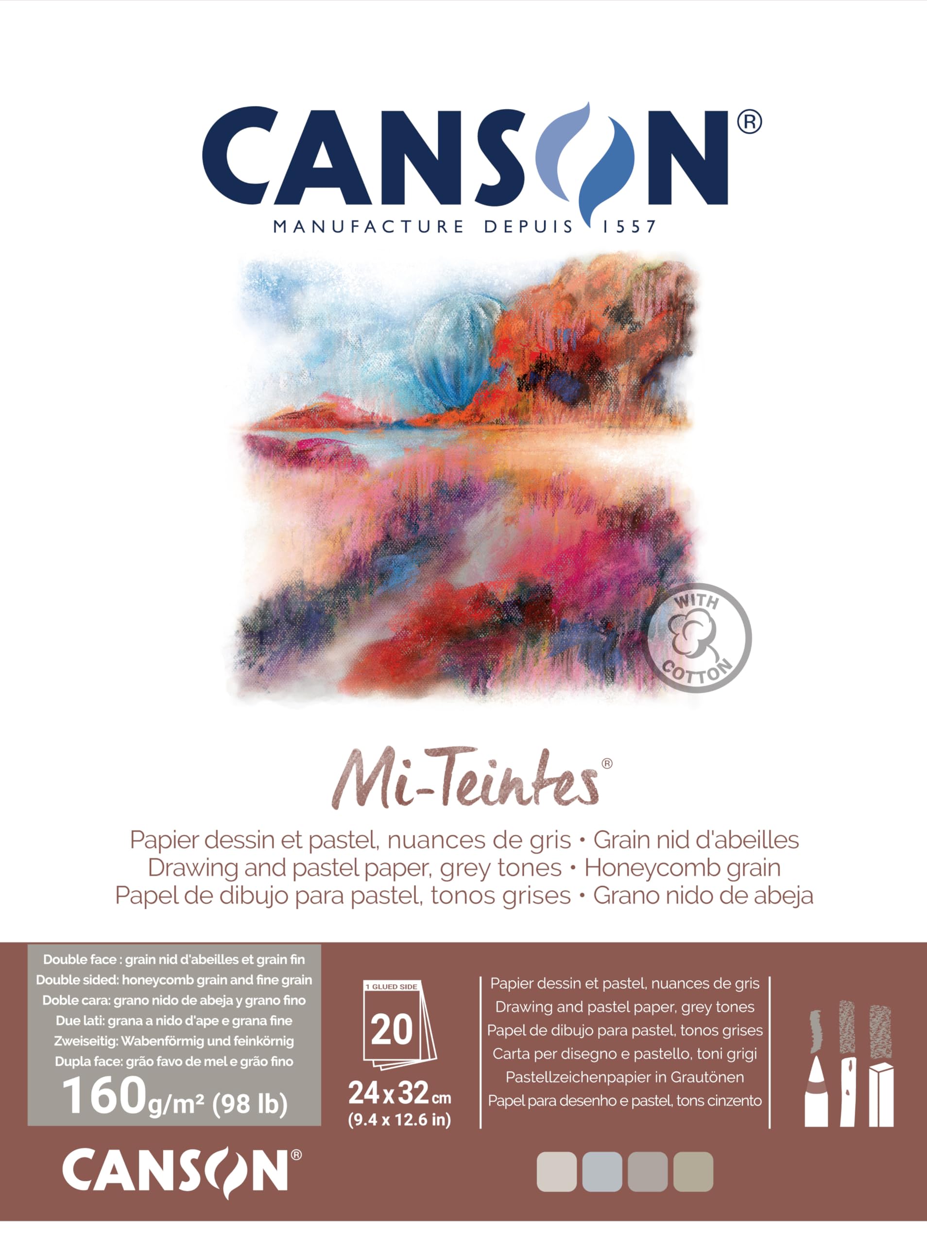 CANSON Mi-Teintes Coloured Drawing 160gsm 24x32cm Paper Pack, Double Sided: Honeycomb & Fine Grain, Pad Glued Short Side, 4 Grey Tones, 20 Sheets, For Professional Artists & Illustrators