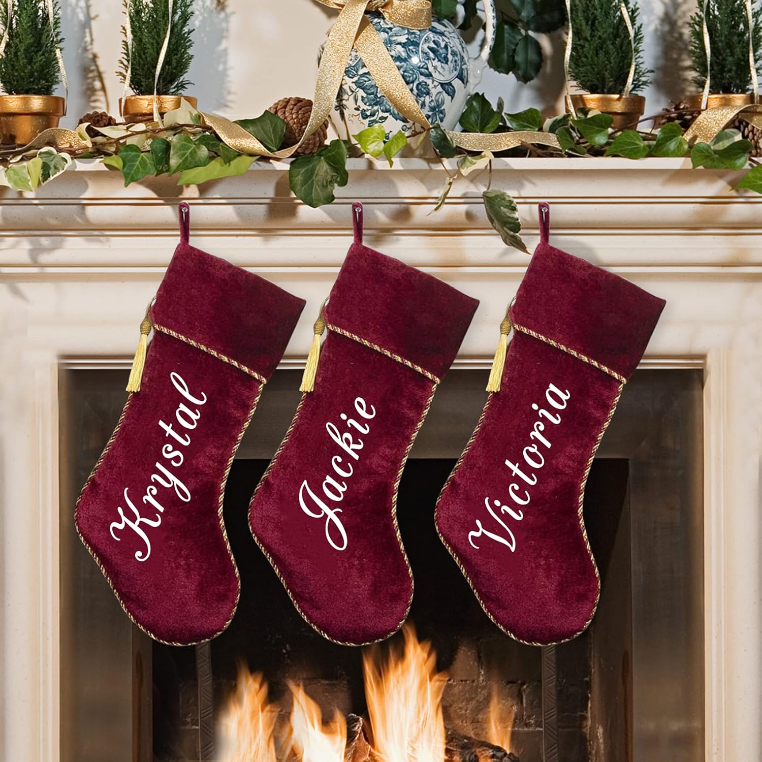 Stockings & Holders - Ugiftcorner Personalized Christmas Stockings 3 Pack Red Velvet Christmas Stockings with Gold Tassel for Family Kids Large Christmas Stockings Xmas Farmhouse Fireplace Hanging