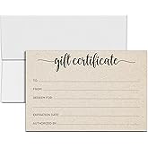 321Done Rustic Gift Certificates with Envelopes – Made in USA, Blank Fill-in Simple Kraft Tan Generic 4x6 Small Business, Beauty Spa, Salon, Holiday Birthday Voucher Coupon - Set of 24