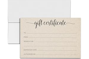 321Done Rustic Gift Certificates with Envelopes – Made in USA, Blank Fill-in Simple Kraft Tan Generic 4x6 Small Business, Beauty Spa, Salon, Holiday Birthday Voucher Coupon - Set of 24