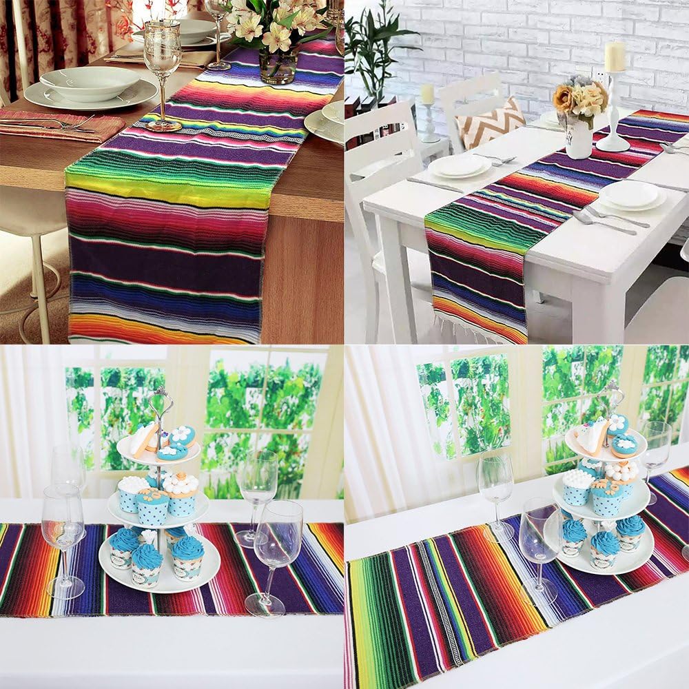 Xplanet Mexican Table Runner 14 x 84 inch Colorful Striped Mexican Serape Blanket Party Wedding Decorations Fringe Cotton Table Runner: Home & Kitchen