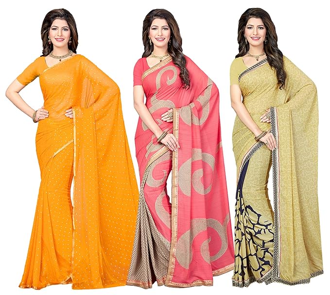 Combo of 3 Poly Georgette Multicolor Printed Womens Lace Saree With Blouse Piece