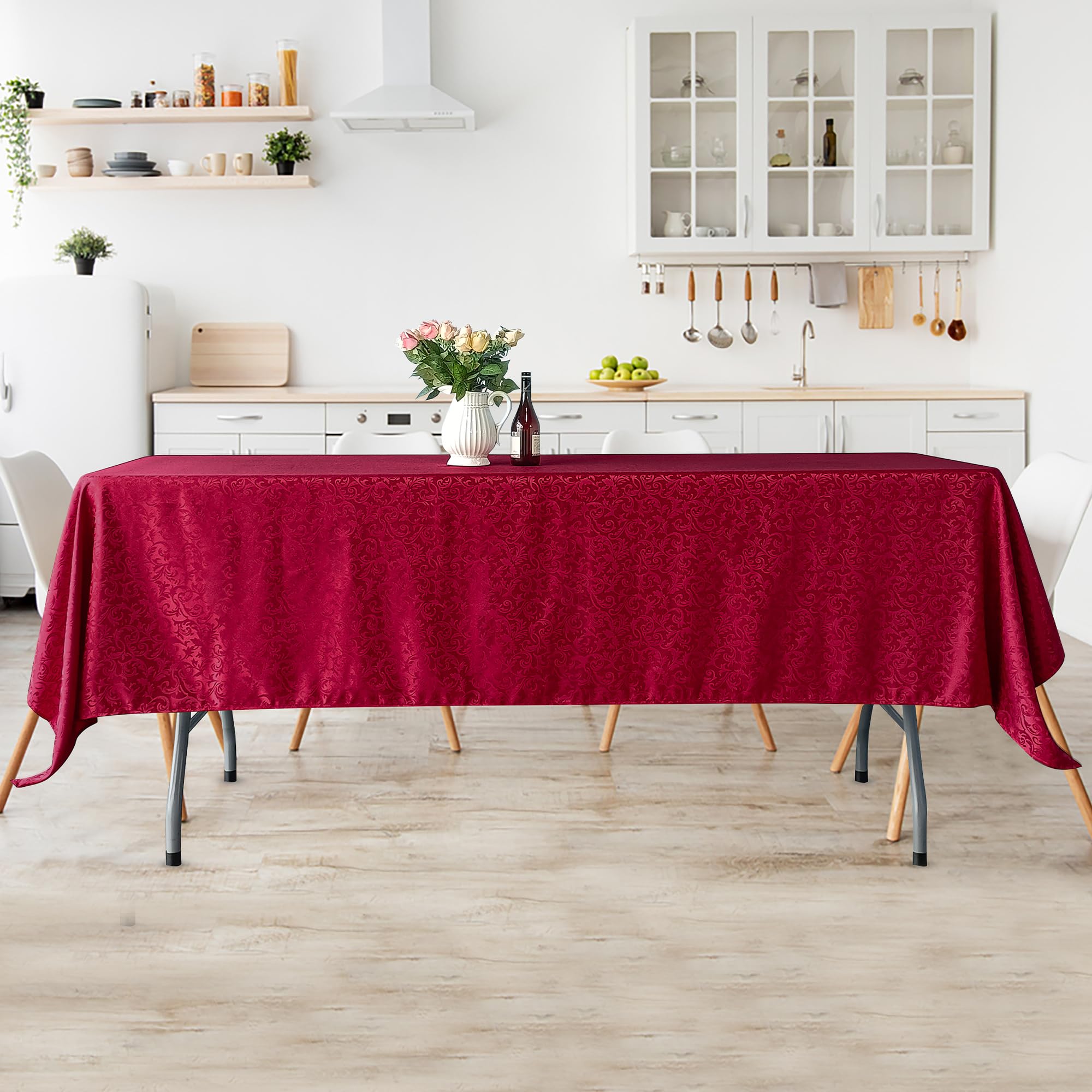 Trimming Shop 70" x 144" Rectangular Damask Table Cloth Scrolled Leaves Pattern, Red Rectangle Dinner Table Cover for Banquet, Christmas Party, Xmas, Home, Kitchen, Restaurant, Wedding, 1pc