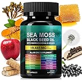 Sea Moss Black Seed Oil Ashwagandha Turmeric Bladderwrack Burdock Root Capsule with Chlorophyll,Elderberry,Manuka,Dandelion,Ginger,Vitamin C Vitamin D3,Immunity & Energy Support, 60 Counts