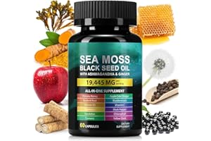 BKKTFBWK Sea Moss Black Seed Oil Ashwagandha Turmeric Bladderwrack Burdock Root Capsule with Chlorophyll,Elderberry,Manuka,Dandelion,Ginger,Vitamin C Vitamin D3,Immunity & Energy Support, 60 Counts