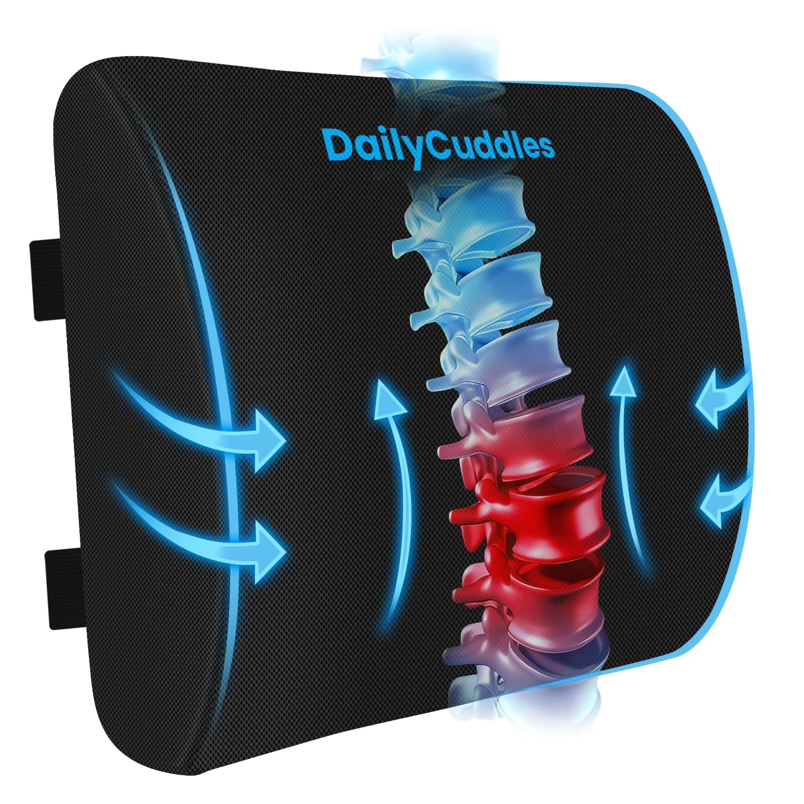 DailyCuddles Lumbar Support Pillow for Office Chair Back Support - Memory Foam Lumbar Pillow for Car or Gaming Chair, Ergonomic Back Cushion with Adjustable Strap for Long-Hour Sitting (Black)