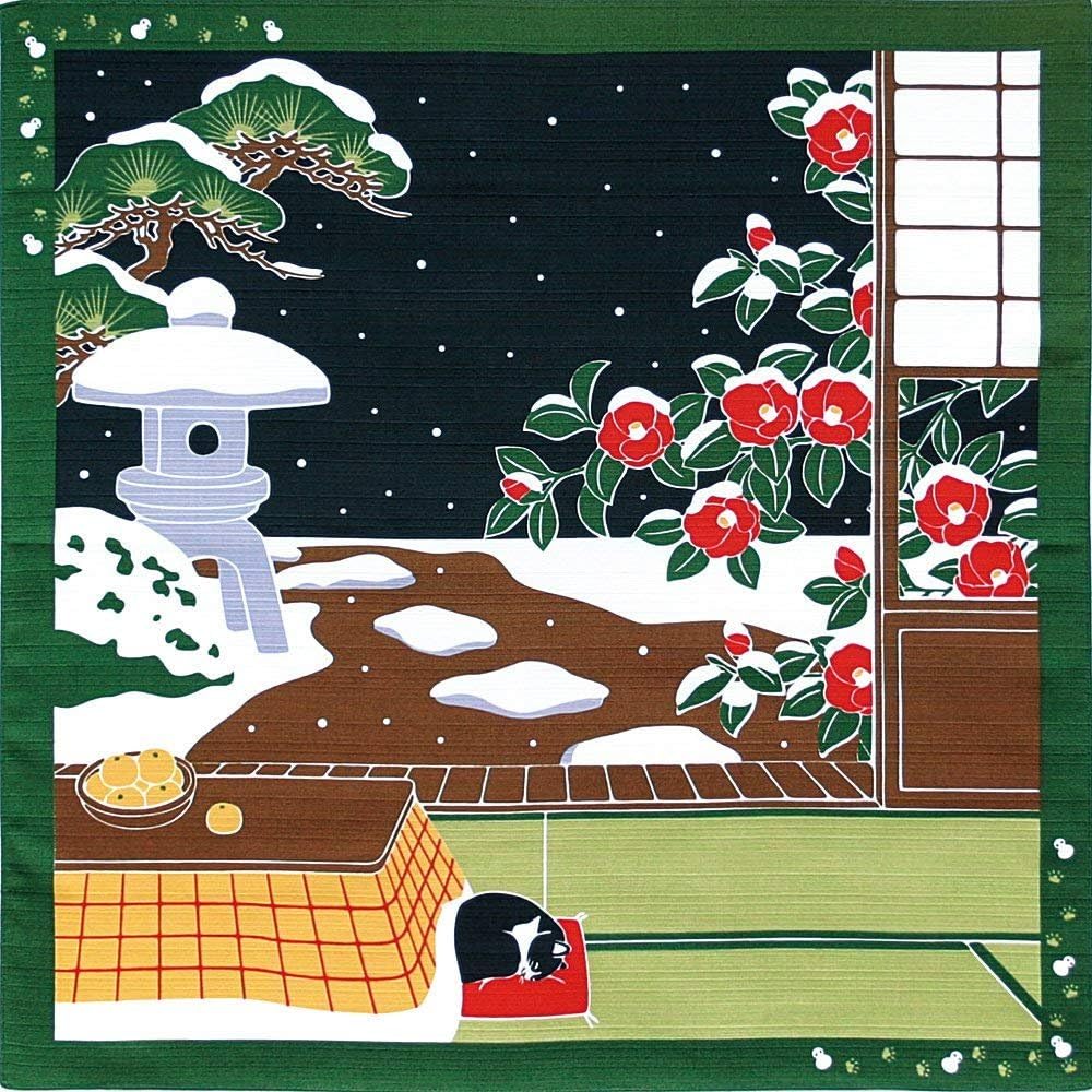 Kyoto Traditional Furoshiki (Japanese Wrapping Cloth) with a Cat Tama, Kotatsu and Snow Maeda Senko 88596