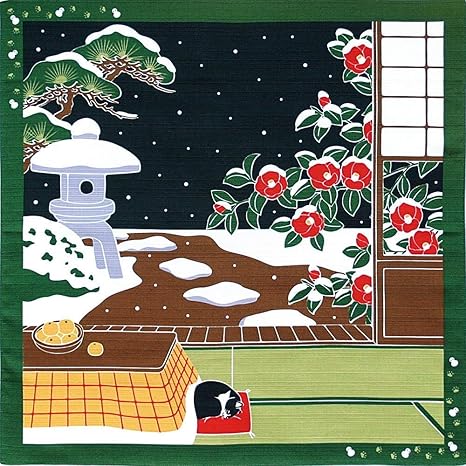 Geschenkpapier Kyoto Traditionelle Furoshiki (Japanische, Stoff) mit eine Katze Tama, Kotatsu und Snow Maeda Senko