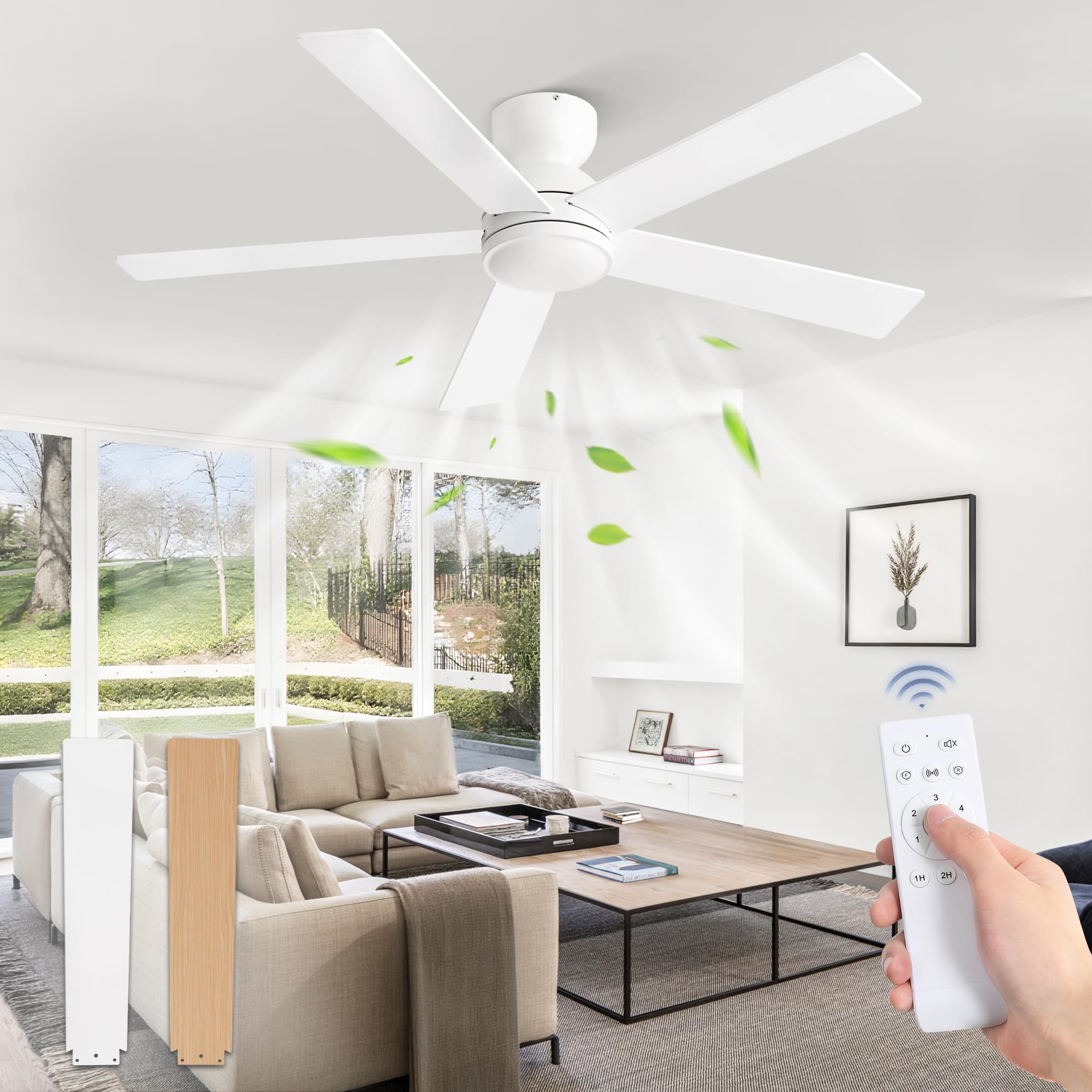 Photo 1 of 48 Inch Flush Mount Ceiling Fan without lights, White Ceiling Fan with Remote, 6-Speeds, Quiet Reversible DC Motor, Indoor/Outdoor Ceiling Fans for Living Room, Bedroom, Patio