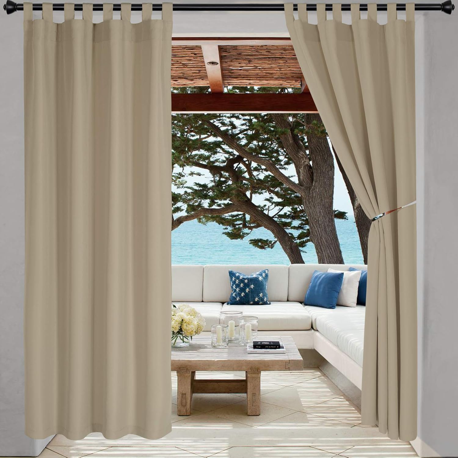 Outdoor Curtains - LORDTEX Indoor/Outdoor Curtains - Waterproof Tab Top Patio Curtains Sun Blocking Set of 2 Panels Thermal Insulated Curtain for Porch, Pergola, Cabana, Gazebo, 52 x 108 inch, Taupe