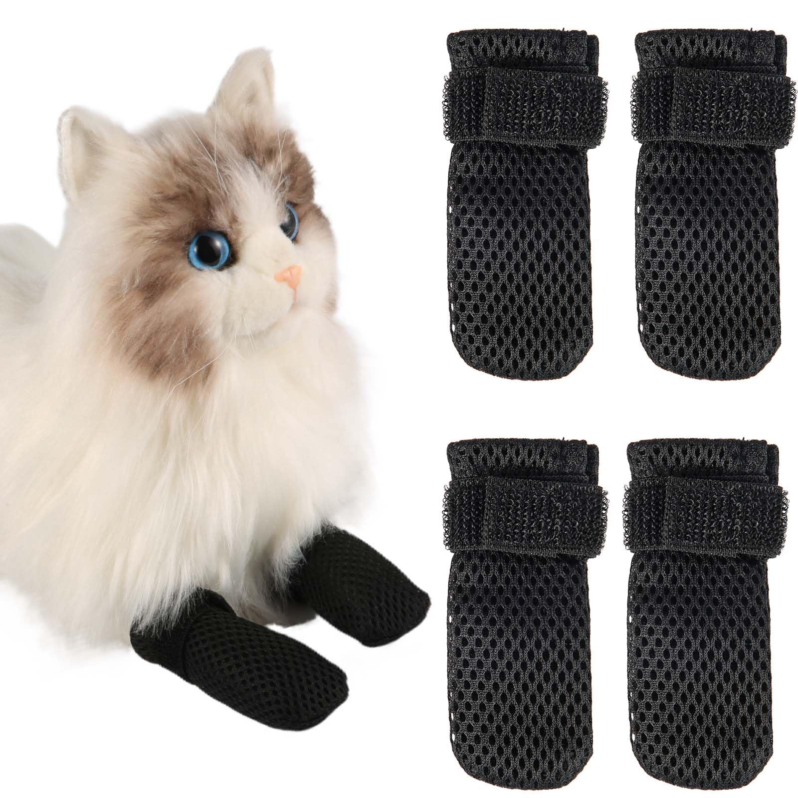 4pcs Anti Scratch Cat Mittens, Adjustable Mesh Cat Foot Covers, Breathable Cats Paw Covers Cat Nail Gloves Cat Paw Protector Cat Booties for Pet Bathing, Cutting Nails, Checking (L, Black)