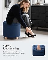 HNNHOME Navy Round Linen Padded Storage Ottoman 45cm view 2