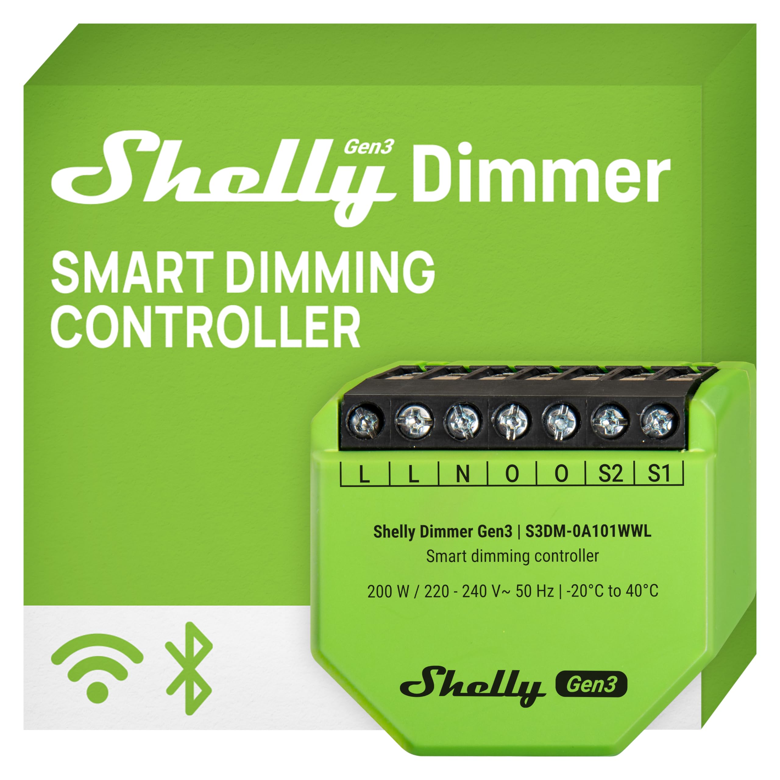Shelly Dimmer Gen3-240V, Dimmer Smart Wi-Fi, Domotica, Luci Dimmerabili, Strisce LED, Non Richiede Neutro, Programmazione Intelligente, Nessun Hub Richiesto, Modalità Notturna, Alexa & Google Home