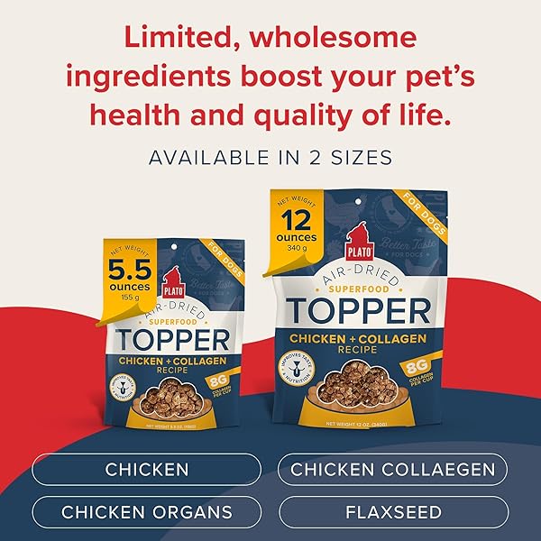 PLATO PET TREATS DOG FOOD TOPPERS – AIR-DRIED DOG FOOD TOPPERS FOR DRY FOOD – WITH COLLAGEN TO SUPPORT SKIN AND COAT HEALTH – CHICKEN AND COLLAGEN RECIPE 12OZ