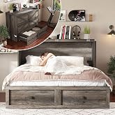 AMERLIFE Queen Murphy Bed with Storage &amp; Charging Station | Rustic Grey Wood Murphy Cabinet, Farmhouse Foldable Platform Bed, Large Drawer, Noisy Free, Guest Bedroom &amp; Living Room