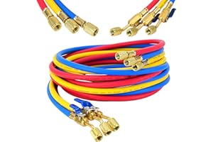 KLENZMATE 2025 Upgrade 12FT Plus II 1/4” HVAC Hose with Compact Ball Valve. 144" (12FT), Extended Refrigerant Hose with Standard 1/4" Flare Fittings, Suitable for Common Refrigerants, Yellow/Red/Blue (3-Pack)
